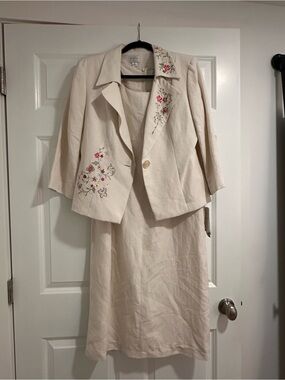 Emma James Cream Embroidered Two-Piece Dress Set, Linen, Lined